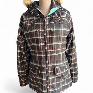 Burton Black Plaid Ski Jacket with Teal Accents